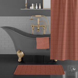Puede incluir: Una cortina de ducha a cuadros rojos y blancos con una alfombra de baño a juego. La cortina de ducha está colgada en una pared de azulejos blancos y la alfombra de baño está en un suelo negro. La cortina de ducha está hecha de una tela suave y resistente al agua.