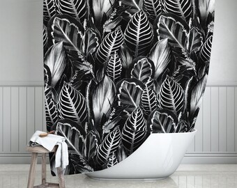 Black & White Leaves Shower Curtain, Black and White Bathroom Decor, Floral Plant Bath Curtain, Bold and Impactful Bathroom Decor - 71"x74"