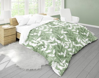 Green Monochrome Leaves Microfiber Duvet Cover, Green Floral Bedroom Decor, Green Bedding, White Lining - Twin, Twin XL, Queen, King