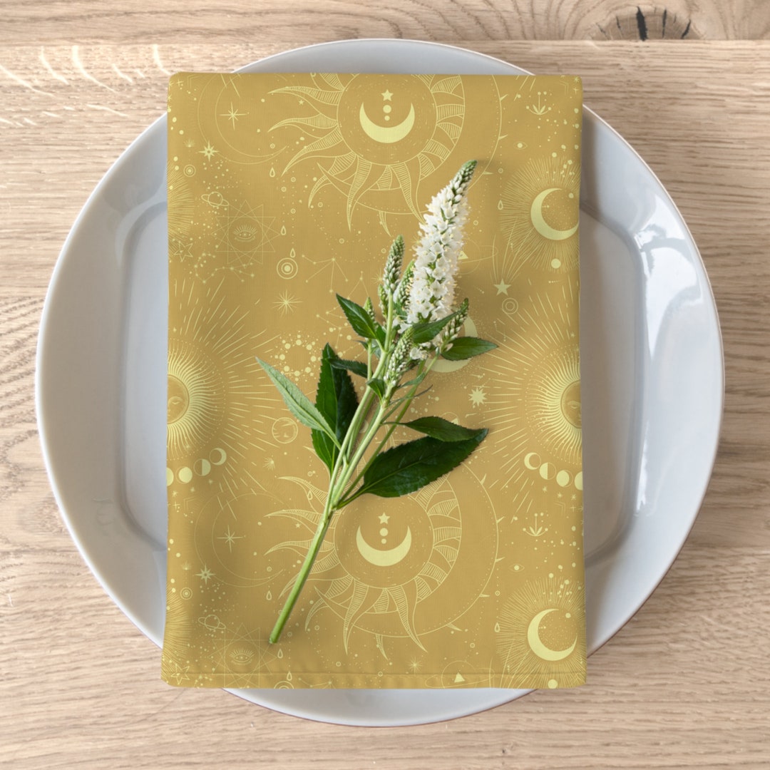 Golden Celestial Napkins, 2024 Color Trend Spicy Mustard, Yellow Table Decor, Bohemian Dining