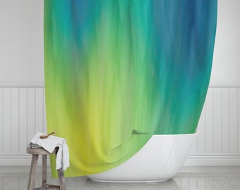 Blue, Green & Yellow Color Wash Shower Curtain 71"x74", Colorful Paint Streaks Bathroom Decor, Abstract Watercolor Bath Curtain
