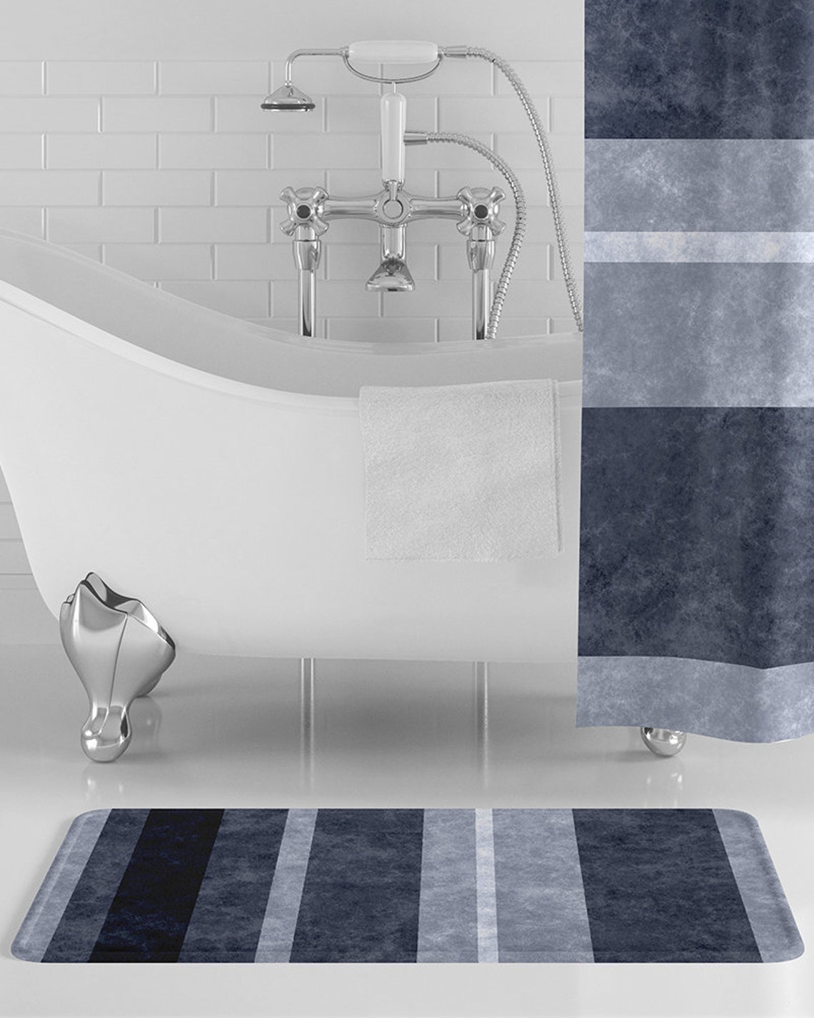 Navy Stripes Bath Mat Dark Blue Bathroom Decor Blue Striped Etsy