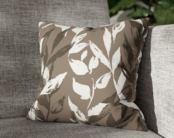 Brown Monochrome Leaves Faux Suede Square Pillow Cover, Tan Floral Accent Pillow, Brown Home Decor, Double Sided Print - COVER ONLY