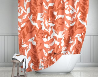 Coral Leaves Shower Curtain 71"x74", Light Orange Monochrome Floral Bathroom Decor, Leaf Bath Curtain, Orange Bathroom Decor