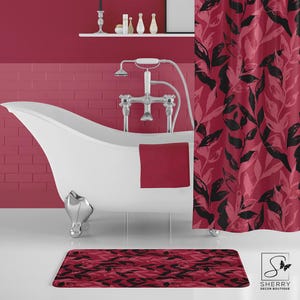 Lipstick Pink Monochrome Leaves Bath Mat, Bathroom Decor, Leaf Print Floor Mat, Nature Inspired Home Accent, Non-Slip Bathtub Rug, Tropical