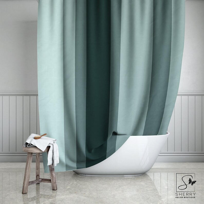 Bistro Green Stripes Shower Curtain, 2024 Color Trend, Muted Teal