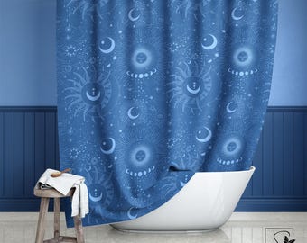 Blue Celestial Shower Curtain: Sun, Moon & Stars Bathroom Decor