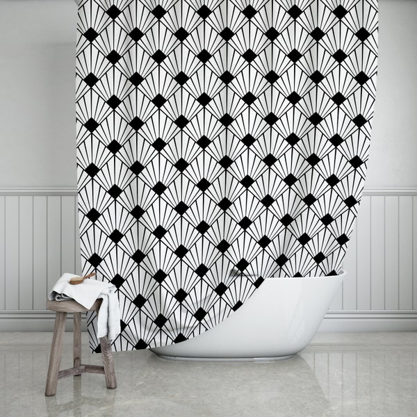 Black & White Art Deco Shower Curtain 71"x74", Black And White Bathroom Decor, Geometric Bath Curtain, Black And White Decor