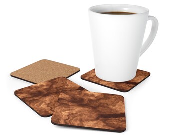 Topaz Marble Corkwood Coaster Set, High-Gloss Top, Brown Home Decor, Drink Coaster, For Desk or Table, Housewarming Gift - 4 Piece Set