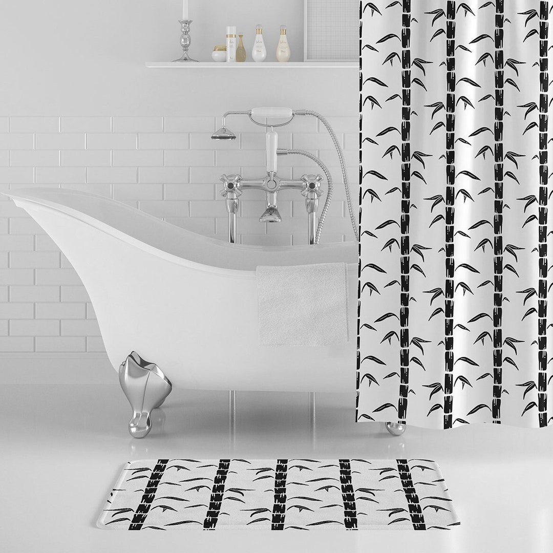 Black & White Bamboo Bath Mat, Black and White Bathroom Decor, Striped