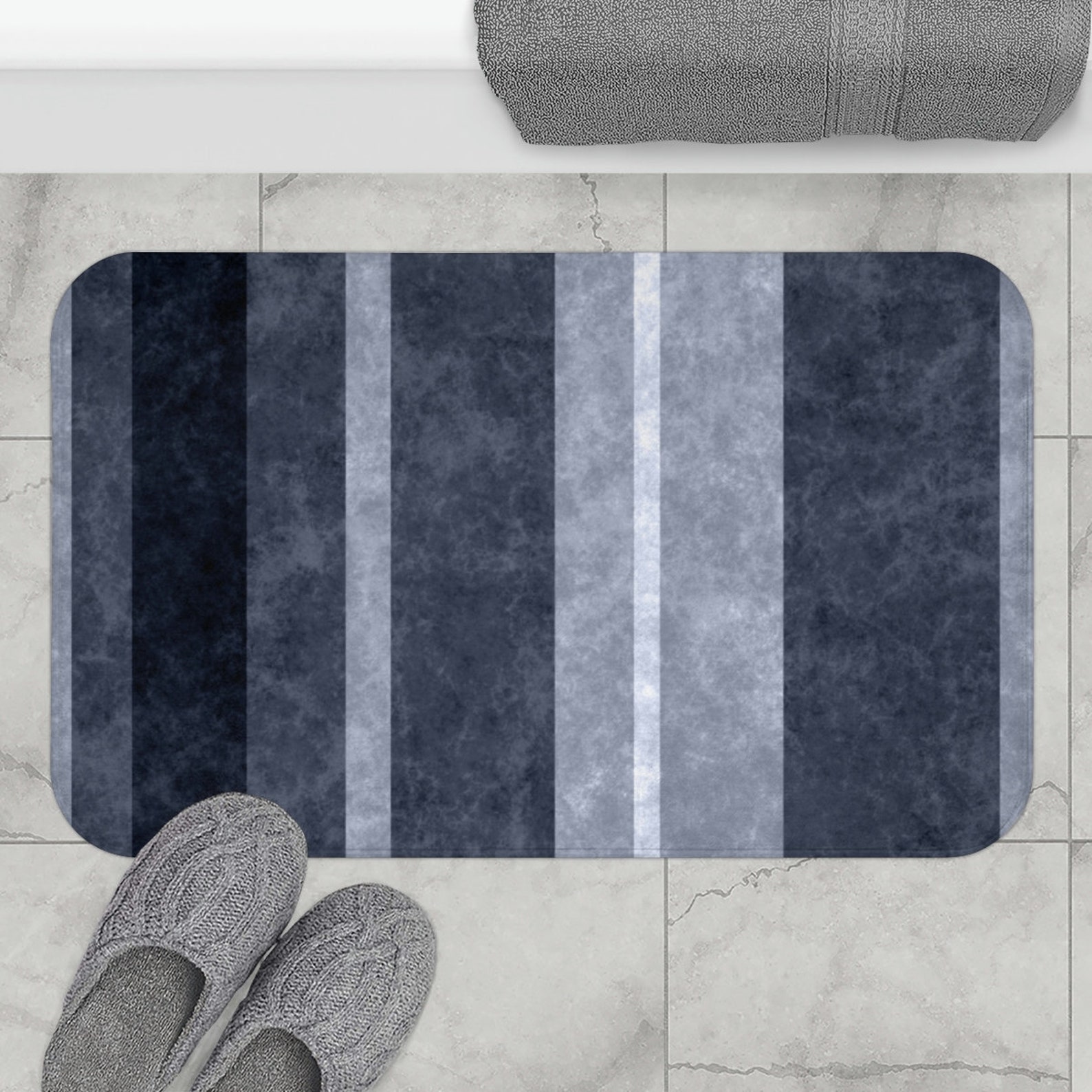 Navy Stripes Bath Mat Dark Blue Bathroom Decor Blue Striped Etsy