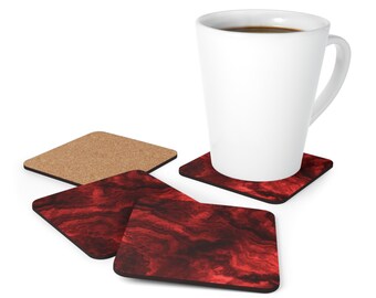 Ruby Marble Corkwood Coaster Set, High-Gloss Top, Red Home Decor, Marble Drink Coaster, For Desk or Table, Housewarming Gift - 4 Piece Set