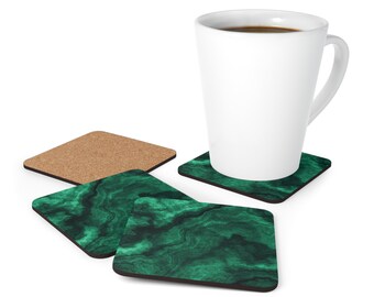 Emerald Marble Corkwood Coaster Set, High-Gloss Top, Green Home Decor, Drink Coaster, For Desk or Table, Housewarming Gift - 4 Piece Set