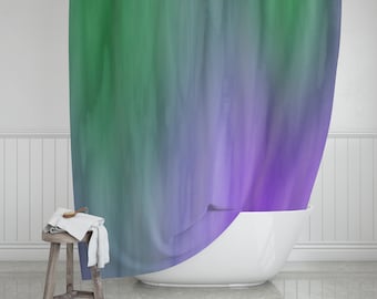Purple & Green Color Wash Shower Curtain 71"x74", Colorful Paint Streaks Bathroom Decor, Abstract Watercolor Bath Curtain
