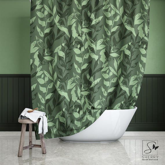 Tenda Da Doccia Extra Lunga Greenery Botanical – 183x213 Cm, Foglie Verde Salvia, Poliestere Impermeabile Con 12 Ganci