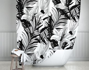 Black & White Lily Shower Curtain, Black and White Bathroom Decor, Floral Plant Bath Curtain, Bold and Impactful Bathroom Decor - 71"x74"