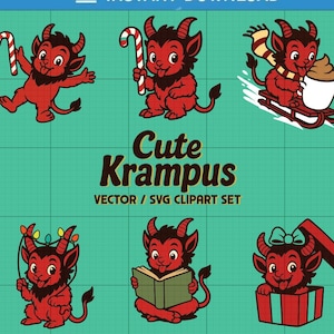 May include: A digital clipart set featuring six cartoon Krampus characters in various poses. The red Krampus figures are depicted with horns, tails, and mischievous expressions, holding items like candy canes and gifts. The text "Cute Krampus" is displayed.