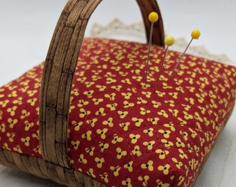 Quilted Pin Cushion (#114 Tiny Yellow Flowers on Red) Sewing Room Accessory Quilting Hat Pin Costume Jewelry Display Crushed Walnut Shells