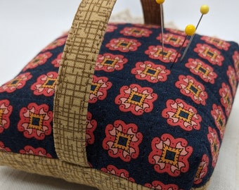 Quilted Pin Cushion (#127 Navy Foulard Print) Sewing Room Accessory Quilting Hat Pin Costume Jewelry Display Crushed Walnut Shells