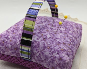 Quilted Pin Cushion (#118 Violets in Purple Dot Basket) Sewing Room Accessory Quilting Hat Pin Costume Jewelry Display Crushed Walnut Shells
