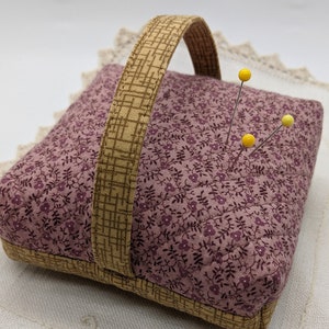 Quilted Pin Cushion (#123 Tiny Vintage Mauve Floral) Sewing Room Accessory Quilting Hat Pin Costume Jewelry Display Crushed Walnut Shells