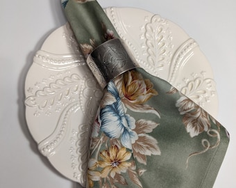 Cloth Dinner Napkins (#118) Set of 6, 18" Dusty Green Pastel Floral Garden Party Luncheon Summer Cotton Washable Eco-Friendly