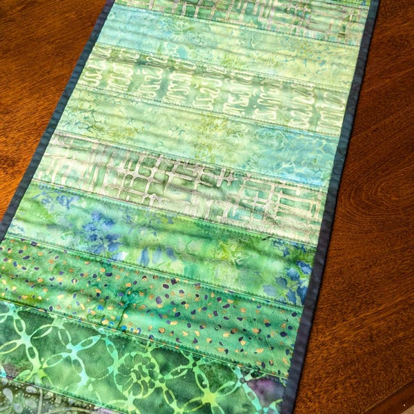 Shades of Green Batik Gradient Quilted Table Runner Modern Batik Table Topper Small Batik Quilt Hand Dyed Fabrics (MGTR#25-104)