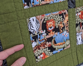 Jungle Animals Baby Quilt Toddler Quilt Crib Quilt Child's Bedding Handmade One-of-a-Kind Masculine Baby Shower Gift