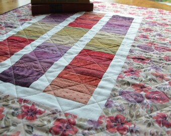 Autumn Floral Table Runner, Linen Table Runner, Red Rust Camel Grape Purple, Quilted Table Runner, Quilted Wall Hanging, Doll Quilt
