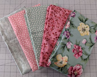 Large Fabric Bundle (#102) 5 One-Yard Fabric Cuts De-Stash Premium Quilting Fabrics Spring Floral Decor Pink Green Stash Building