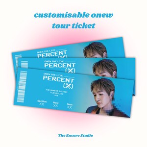 Puede incluir: Tres entradas de concierto azules con el texto "ONEN THE LIVE PERCENT (%)" y una foto de una persona. Las entradas están etiquetadas con la fecha 20 de noviembre de 2025 y la ubicación Tilburg, NL 015. El texto "customisable onew tour ticket" está en la parte superior.