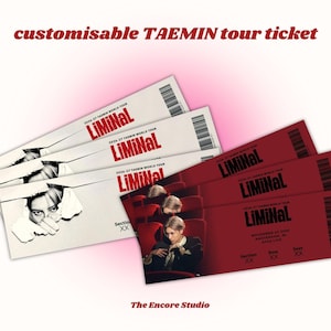 May include: A collection of customisable Taemin tour tickets featuring the text LiMiNaL and 2026-27 Taemin World Tour. The tickets are displayed in white and deep red, showcasing a photographic portrait of a person and a barcode on each ticket.