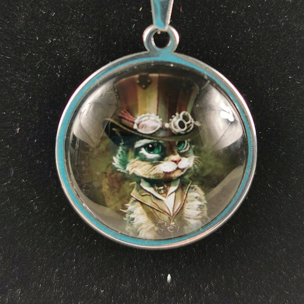 Collier chat steampunk en costume avec haut-de-forme et lunettes