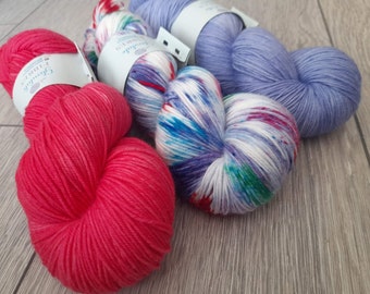 3x100g Skein Yarn Pack, 4PLY, hand dyed shawl sock yarn, fingering weight, merino, nylon