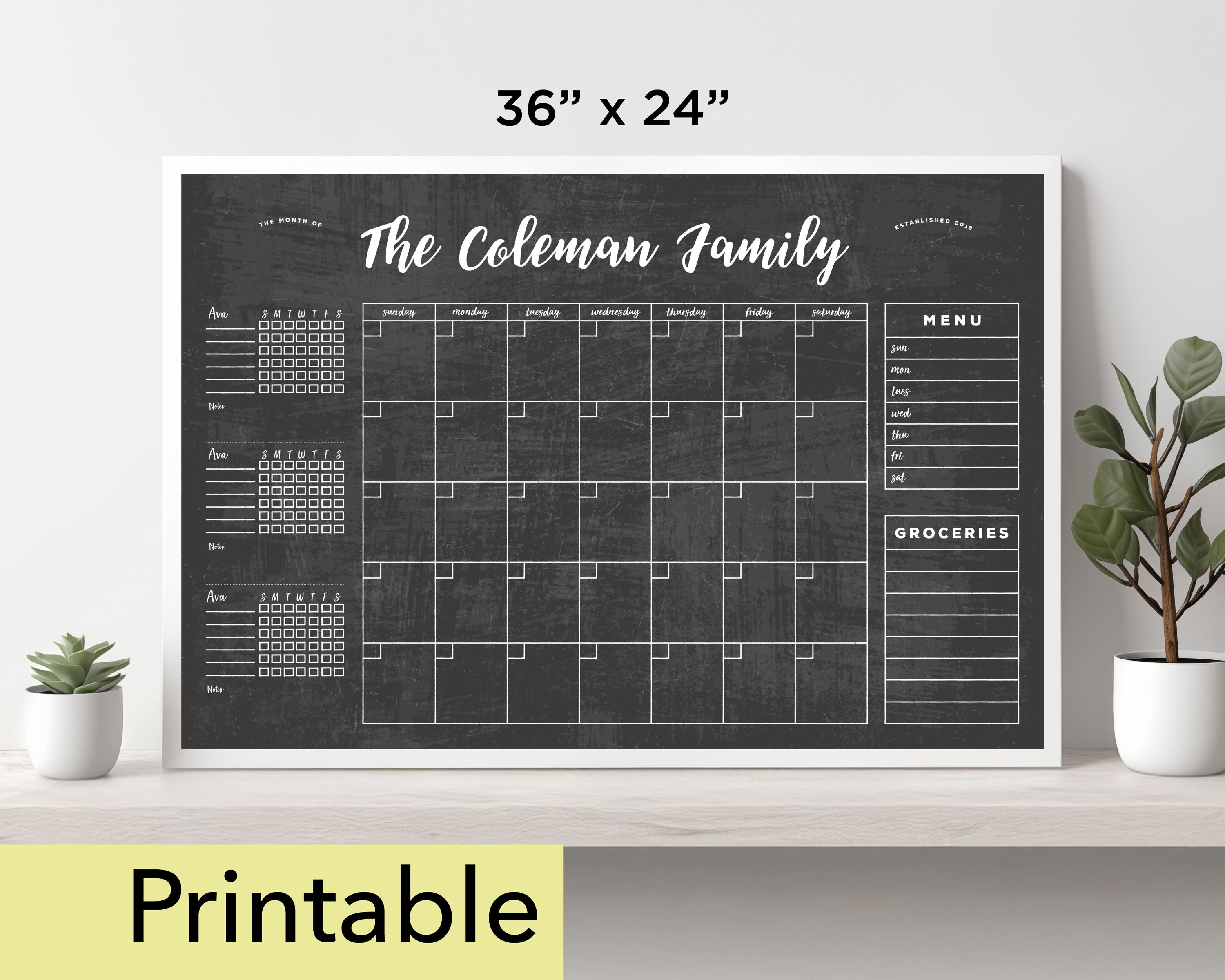Calendar Incoming/outgoing Chart 2025 Calendar Printable | 36 X 24 Horizontal Chalkboard With 2, 3 or 4 ...