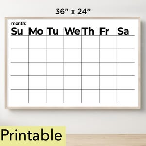 Peut inclure: Un calendrier vierge imprimable avec un fond blanc et des lignes de quadrillage noires. Le calendrier est étiqueté avec les jours de la semaine : dimanche, lundi, mardi, mercredi, jeudi, vendredi et samedi. Le calendrier mesure 91,44 cm sur 60,96 cm.