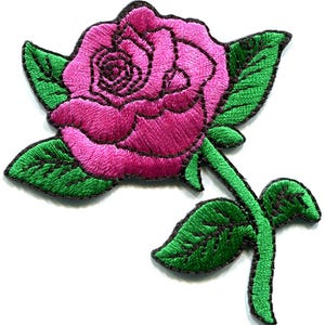 May include: An embroidered iron-on patch featuring a vibrant magenta rose blossom with detailed black stitching outlines. The flower is accompanied by bright green leaves and a stem, all rendered in a dense, textured thread pattern.