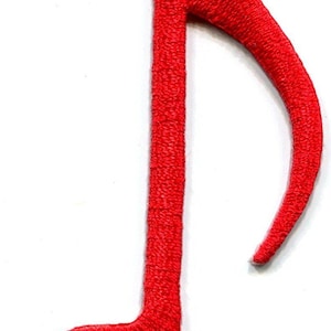 May include: A bright red embroidered musical note patch featuring a dense, textured thread finish. The design consists of a single oval-shaped note head connected to a vertical stem with a curved flag extending from the top right side.