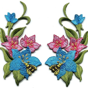 Blue Pink Floral Bee Embroidered Applique Pair, Flower Iron-On Patches, Botanical Sewing Trim, 2.25 x 4.5 Inches