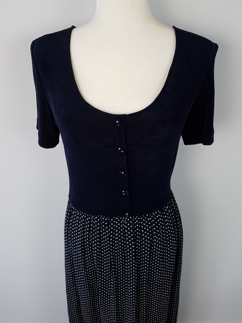 Vintage 90s Navy Polka Dot Maxi Dress XL 1990s Grunge Short Sleeve Dress Slinky Top Sailor Nautical Style Festival Summer Sundress