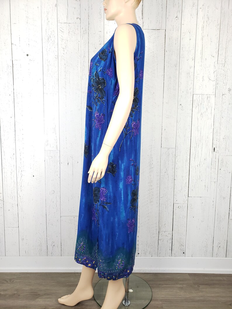 Vintage 90s Maxi Tropical Floral Dress Women/'s Large Sleeveless Purple Flowers on Blue Lightweight Boho Festival Summer Bohemian Sundress