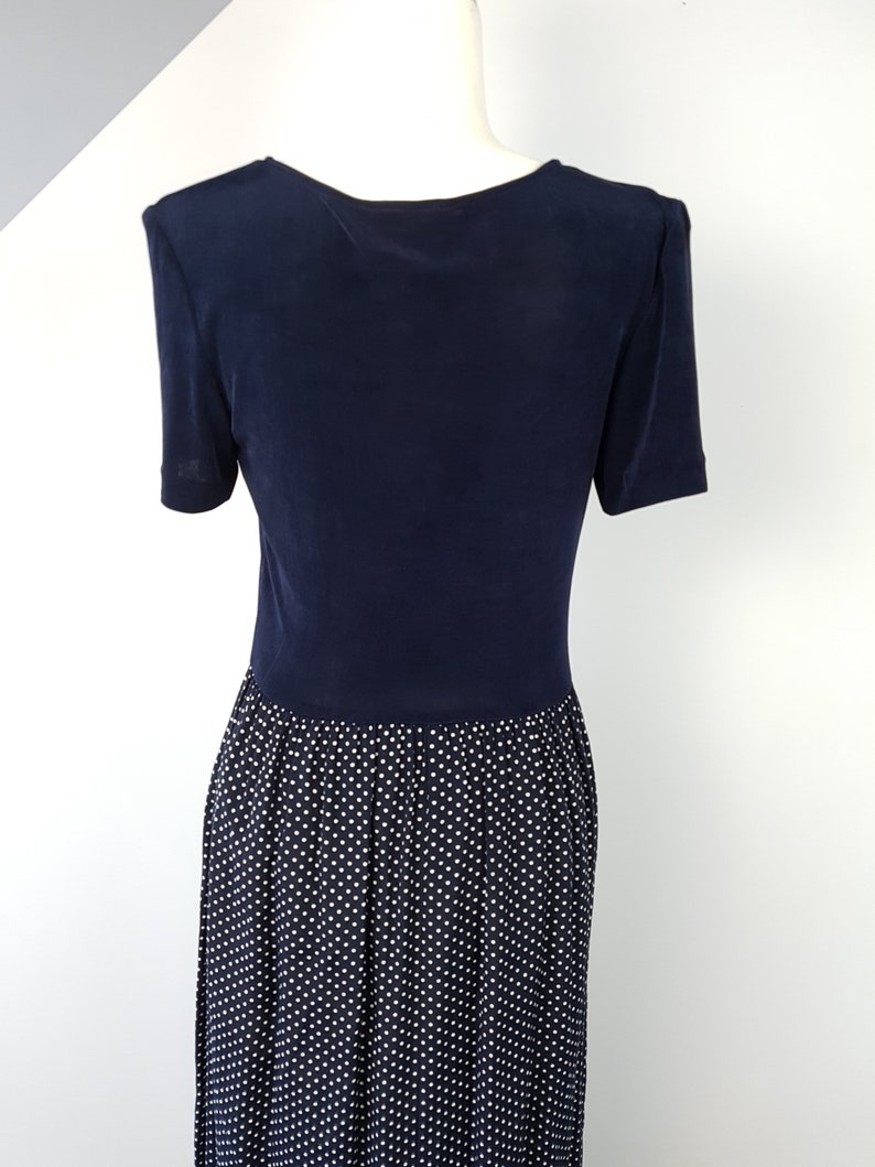 Vintage 90s Navy Polka Dot Maxi Dress XL 1990s Grunge Short Sleeve Dress Slinky Top Sailor Nautical Style Festival Summer Sundress