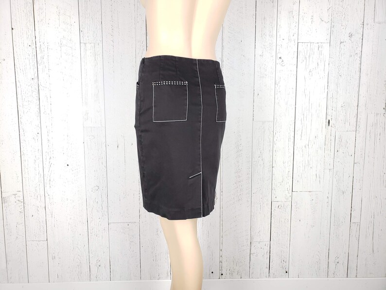 Vintage 90s Black Straight Pencil Denim Skirt 30 Waist Medium 4 Pockets White Seam Details Back Slit High Waist Minimal Secretary Grunge