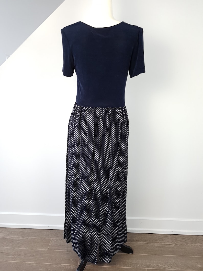 Vintage 90s Navy Polka Dot Maxi Dress XL 1990s Grunge Short Sleeve Dress Slinky Top Sailor Nautical Style Festival Summer Sundress