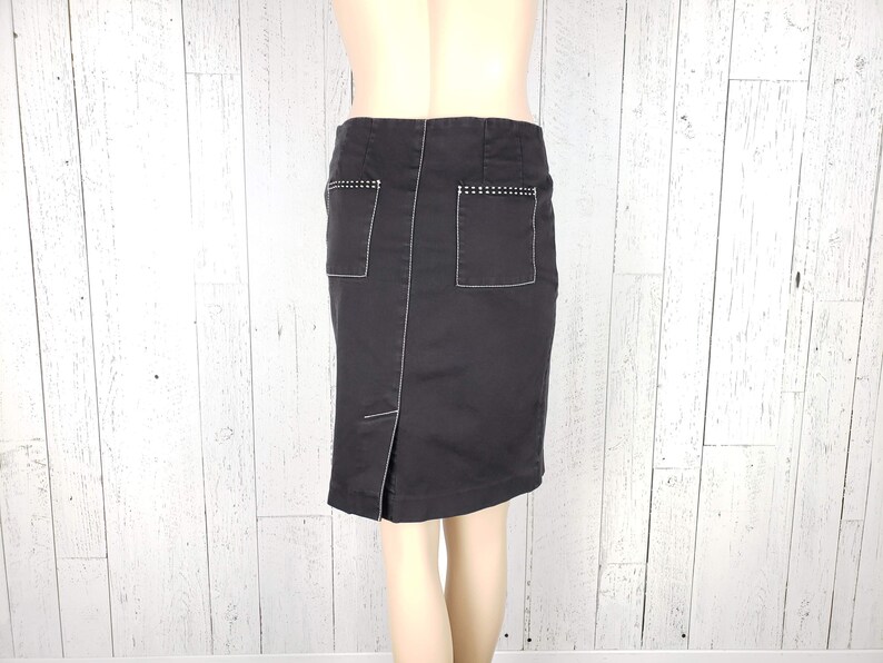 Vintage 90s Black Straight Pencil Denim Skirt 30 Waist Medium 4 Pockets White Seam Details Back Slit High Waist Minimal Secretary Grunge