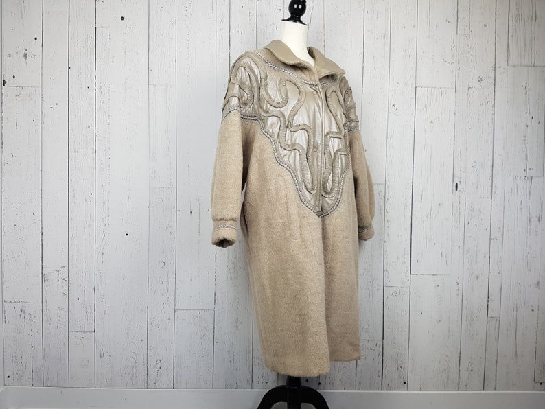 Vintage 80s Felted Wool Long Coat w Supple Leather Abstract Native Inspired Pattern Women/'s Large Oversize Pockets New Wave Winter Jacket