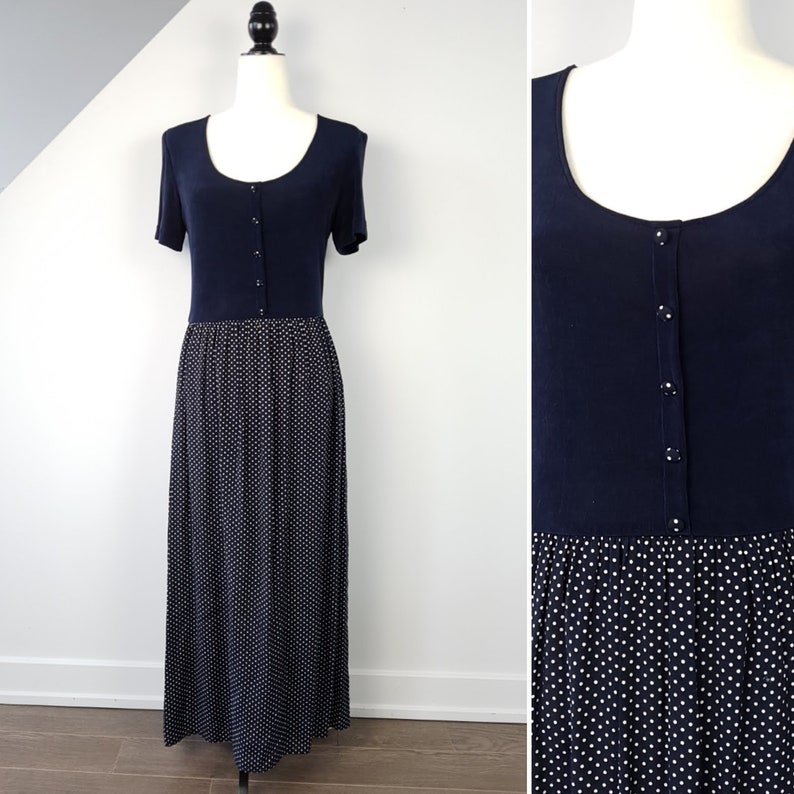 Vintage 90s Navy Polka Dot Maxi Dress XL 1990s Grunge Short Sleeve Dress Slinky Top Sailor Nautical Style Festival Summer Sundress