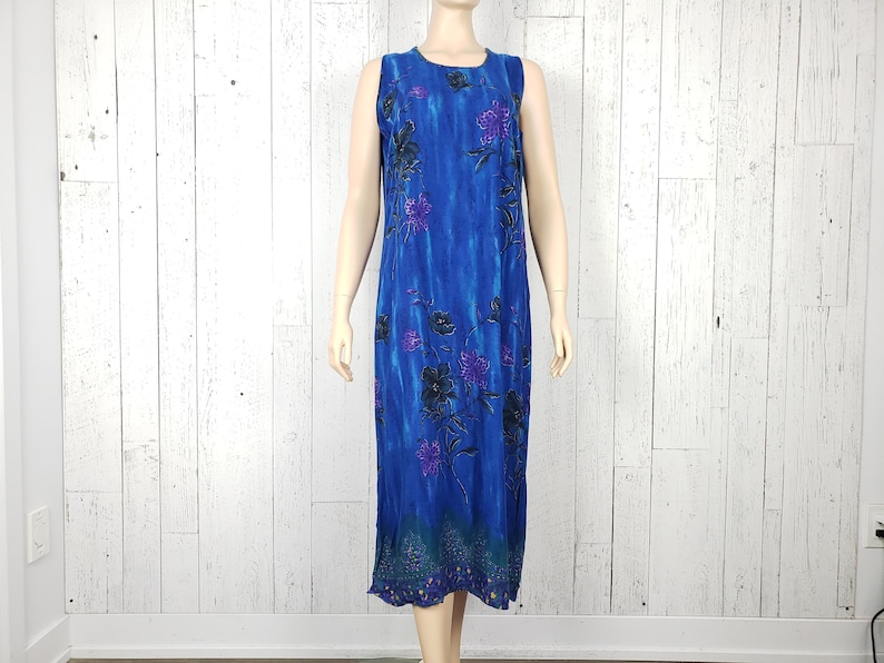 Vintage 90s Maxi Tropical Floral Dress Women/'s Large Sleeveless Purple Flowers on Blue Lightweight Boho Festival Summer Bohemian Sundress