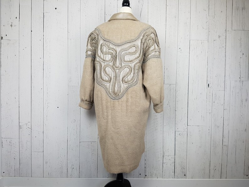 Vintage 80s Felted Wool Long Coat w Supple Leather Abstract Native Inspired Pattern Women/'s Large Oversize Pockets New Wave Winter Jacket