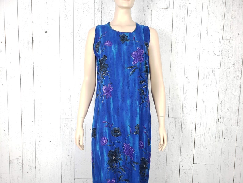 Vintage 90s Maxi Tropical Floral Dress Women/'s Large Sleeveless Purple Flowers on Blue Lightweight Boho Festival Summer Bohemian Sundress